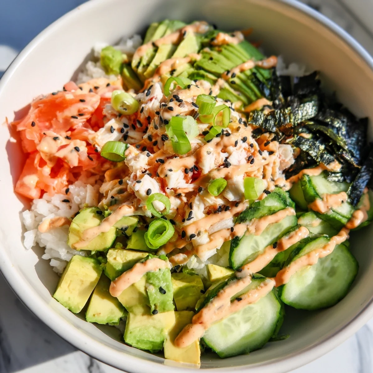 Vibrant California roll sushi bowl topped with crab, avocado, cucumber and drizzled spicy mayo.