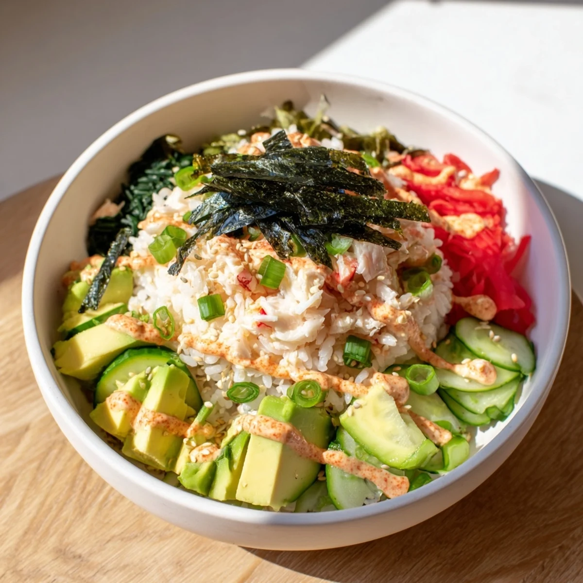 Deconstructed California roll sushi bowl featuring fluffy rice, fresh avocado and shredded imitation crab.
