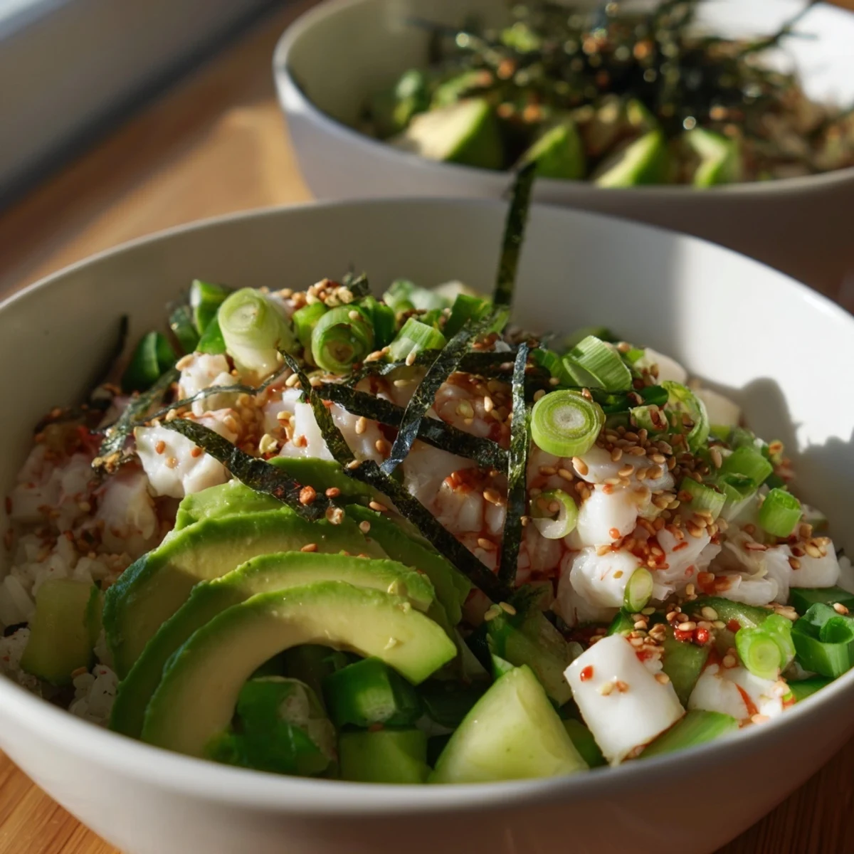 Colorful California roll sushi bowl arranged with nori strips, sesame seeds and pickled ginger.