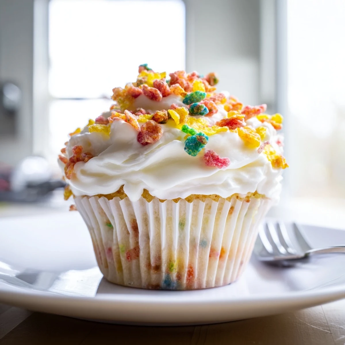 Vibrant Fruity Pebbles cereal frosting swirled on cupcakes with colorful rainbow specks throughout