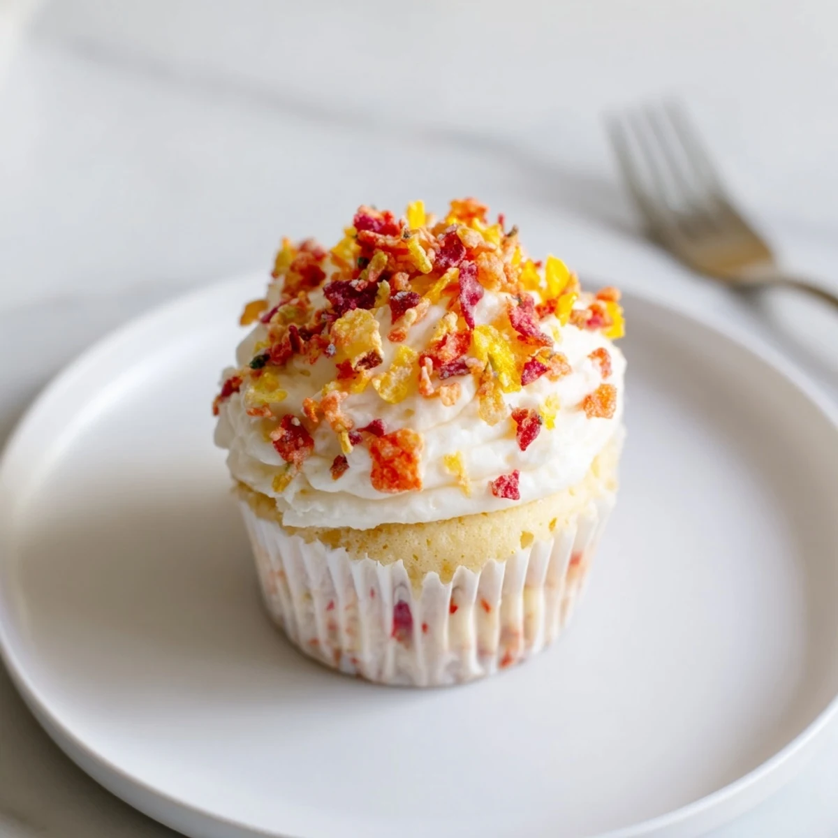 Creamy homemade Fruity Pebbles frosting piped onto a vanilla cupcake topped with crunchy cereal garnish