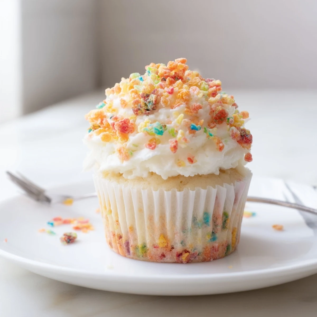 Fluffy rainbow cereal frosting with multicolored Fruity Pebbles folded into a buttercream texture