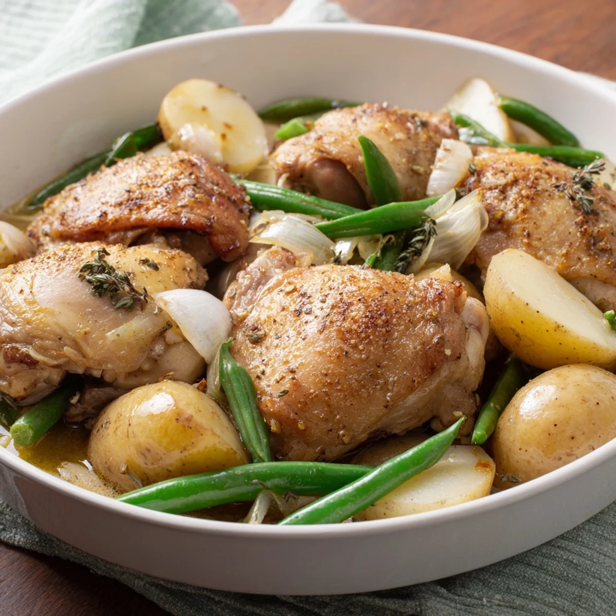 Golden slow cooker chicken and potatoes with green beans served in a white ceramic bowl