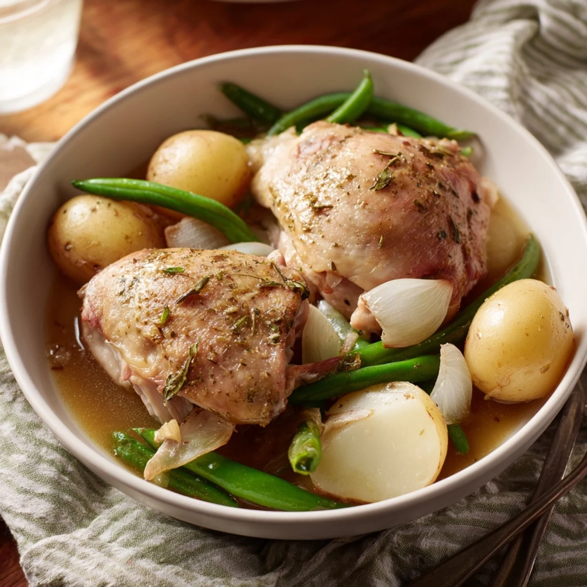 Tender herb-seasoned chicken thighs nestled with creamy baby potatoes and crisp green beans in slow cooker