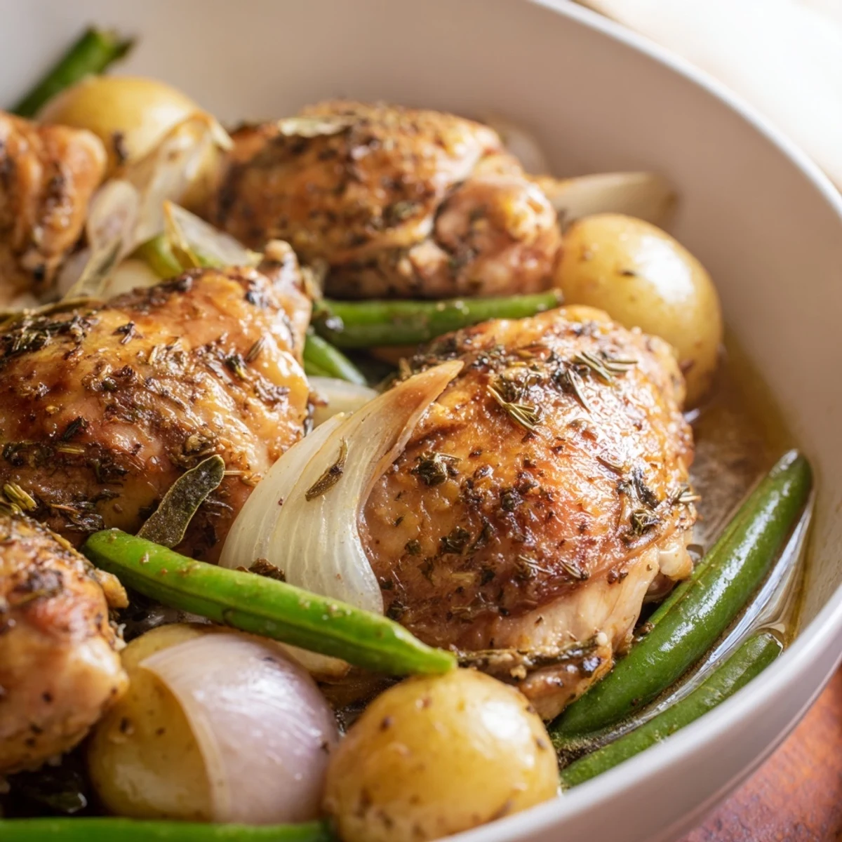 Comforting one-pot meal featuring juicy chicken, roasted potatoes, and fresh green beans garnished with lemon