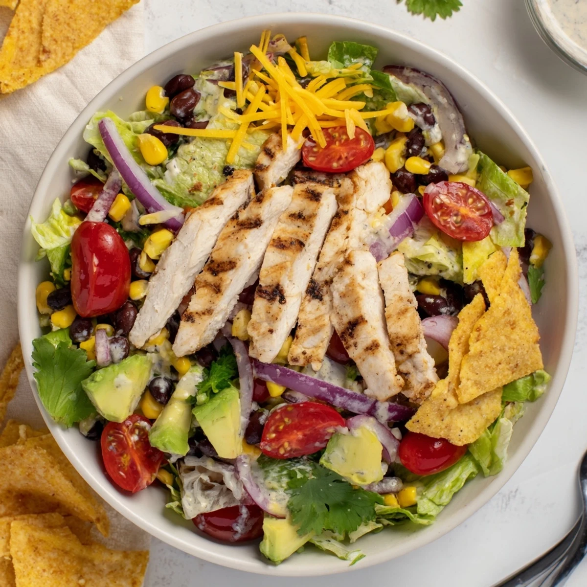 Colorful Southwestern chicken salad bowl with grilled chicken slices, black beans, corn, avocado, and creamy dressing