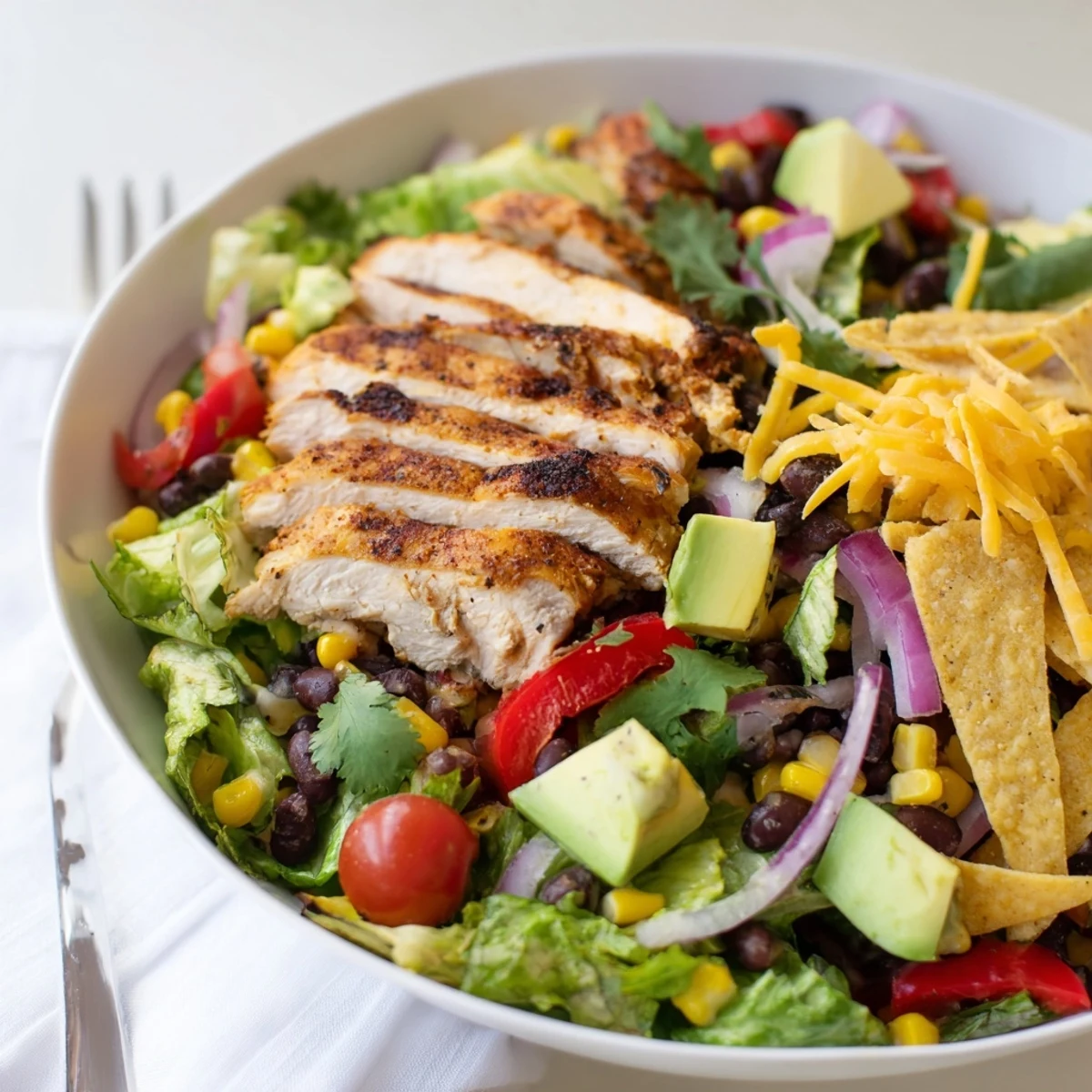 Generous portion of Southwestern chicken salad showcasing spiced grilled chicken breast atop vibrant vegetables, beans, and corn