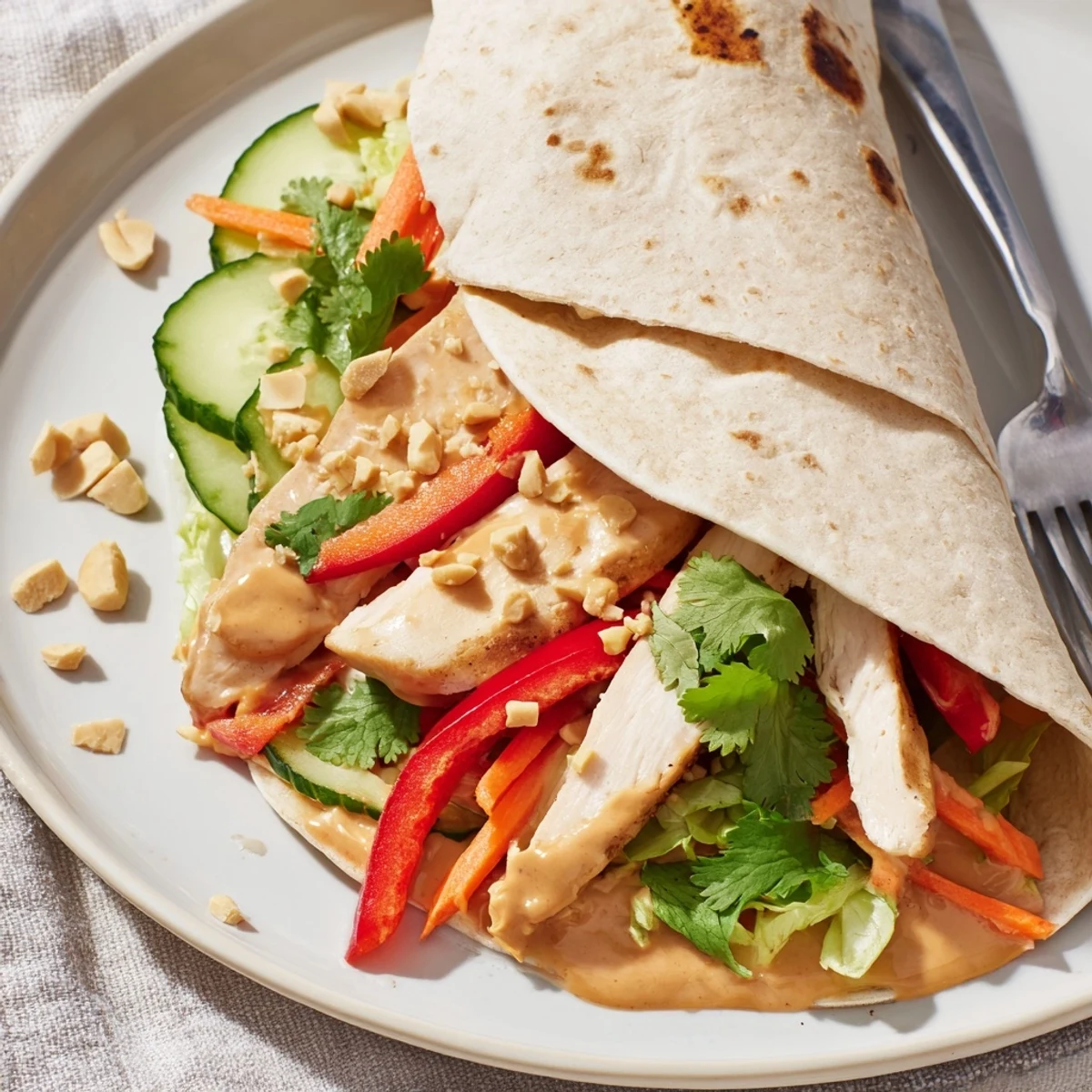 Golden sliced Thai peanut chicken wraps filled with crisp colorful vegetables and creamy peanut sauce