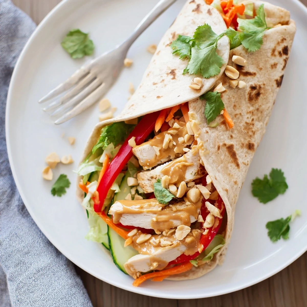 Thai peanut chicken wraps featuring grilled chicken strips with fresh peppers, carrots, and lettuce
