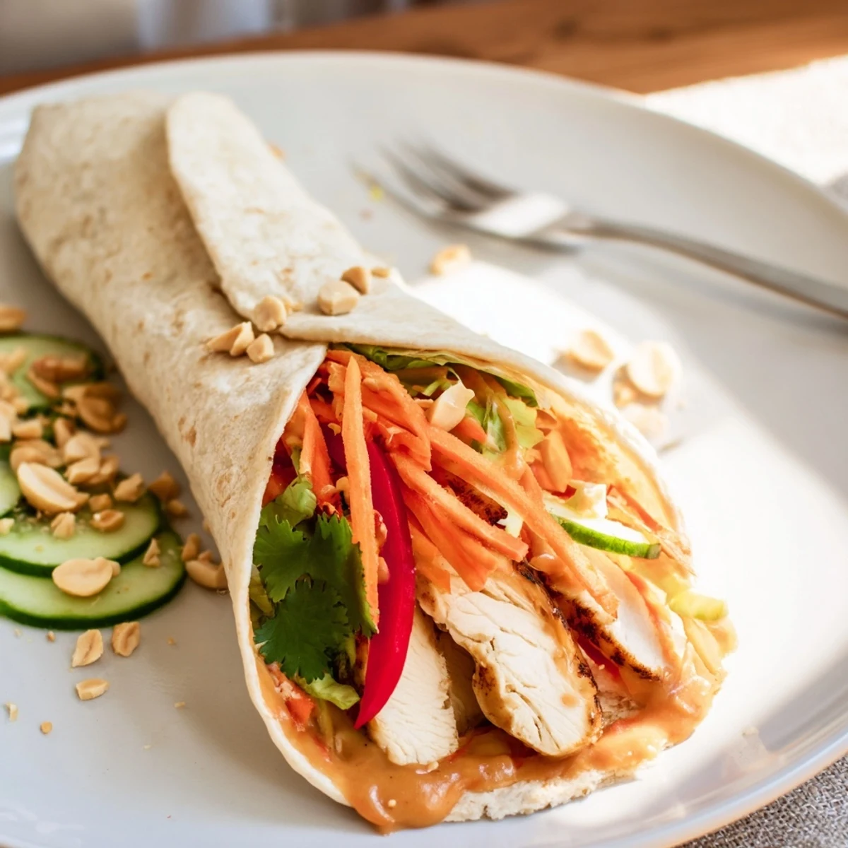 Rolled Thai peanut chicken wraps drizzled with rich sauce and topped with crunchy roasted peanuts