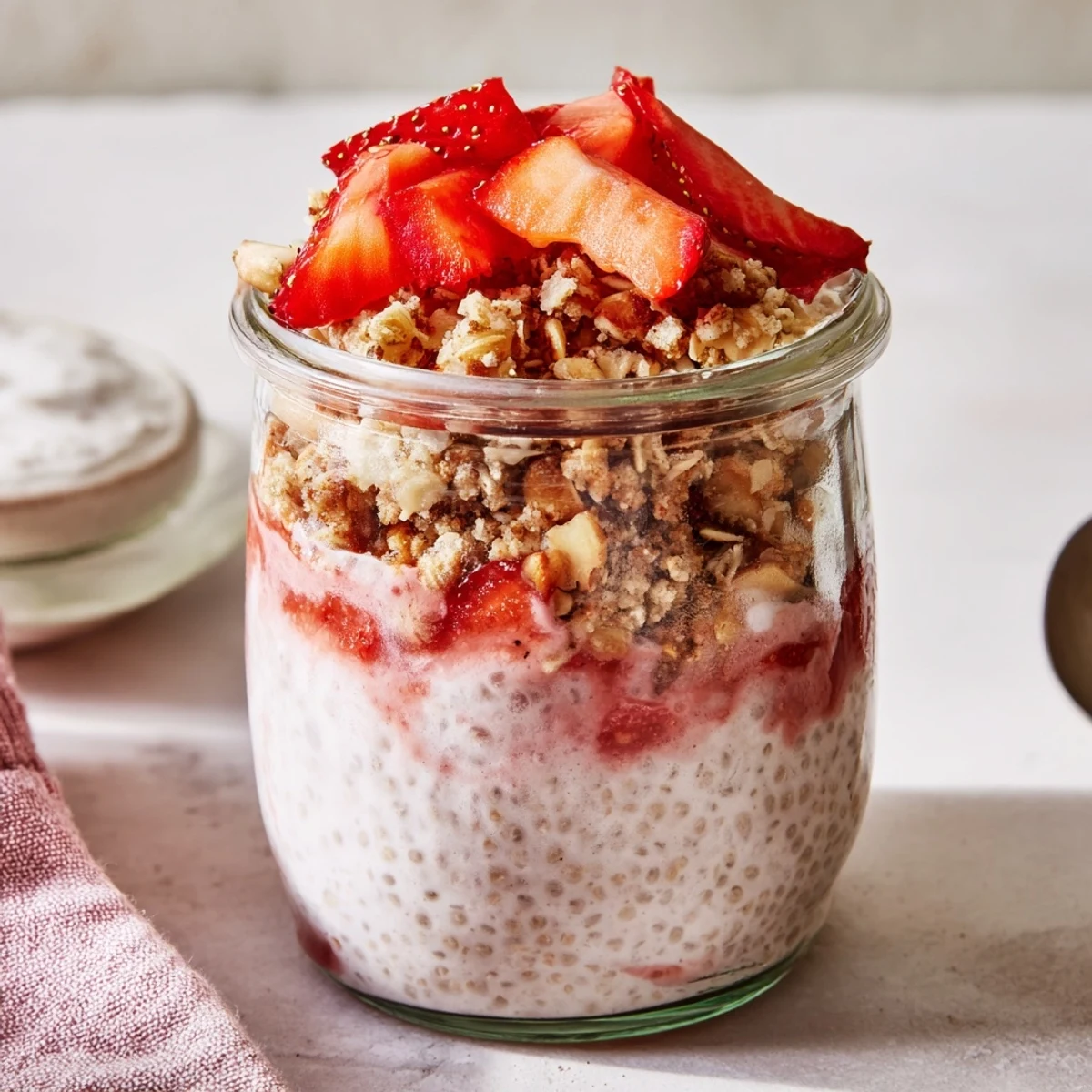Glass jar layered with creamy strawberry crumble chia pudding topped with fresh strawberry slices and golden oat crumble