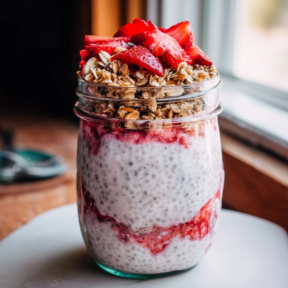 Overhead shot of strawberry crumble chia pudding in clear glass showing vibrant red compote layers and textured topping