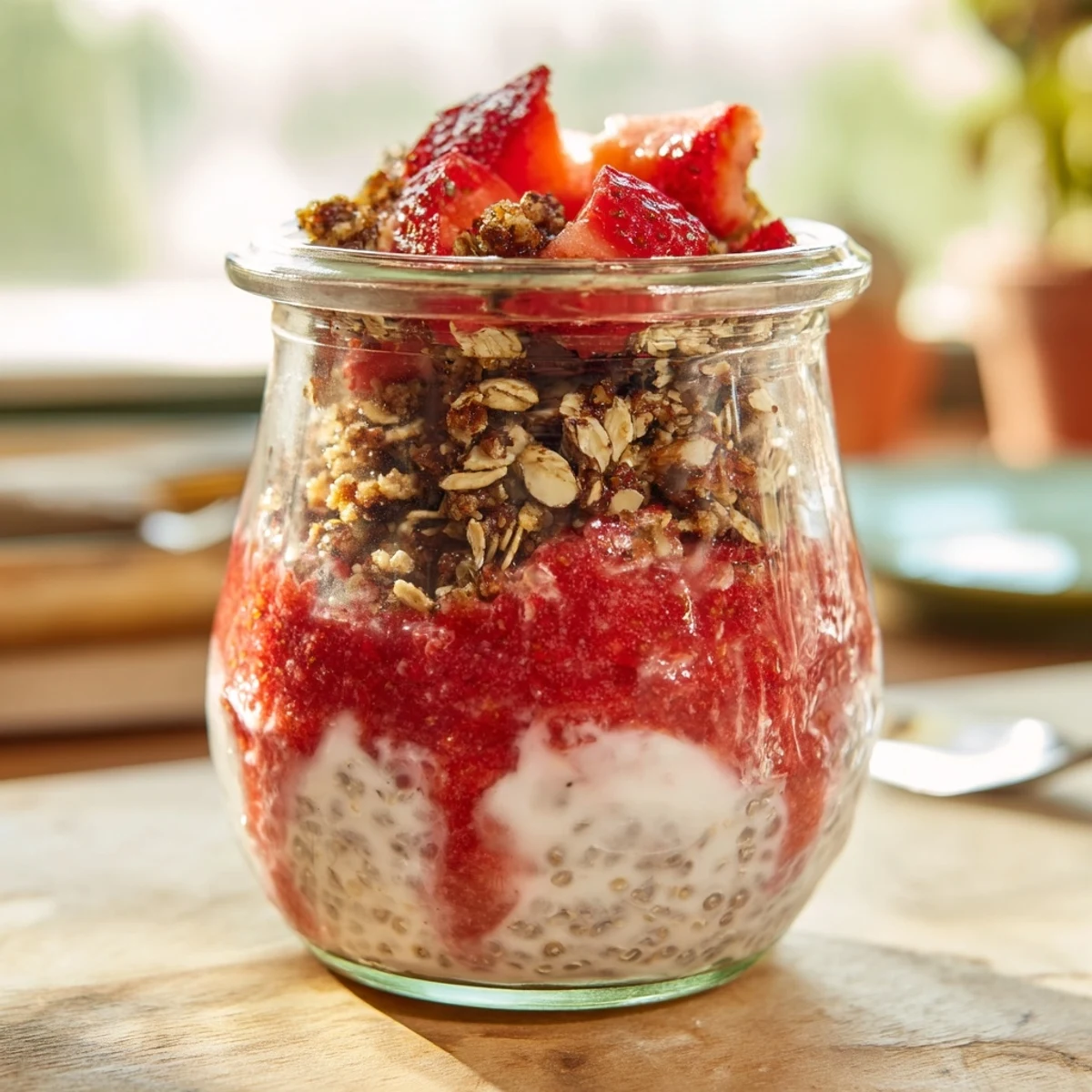 Close-up of layered chia pudding dessert with sweet strawberry compote and crunchy cinnamon oat crumble garnish