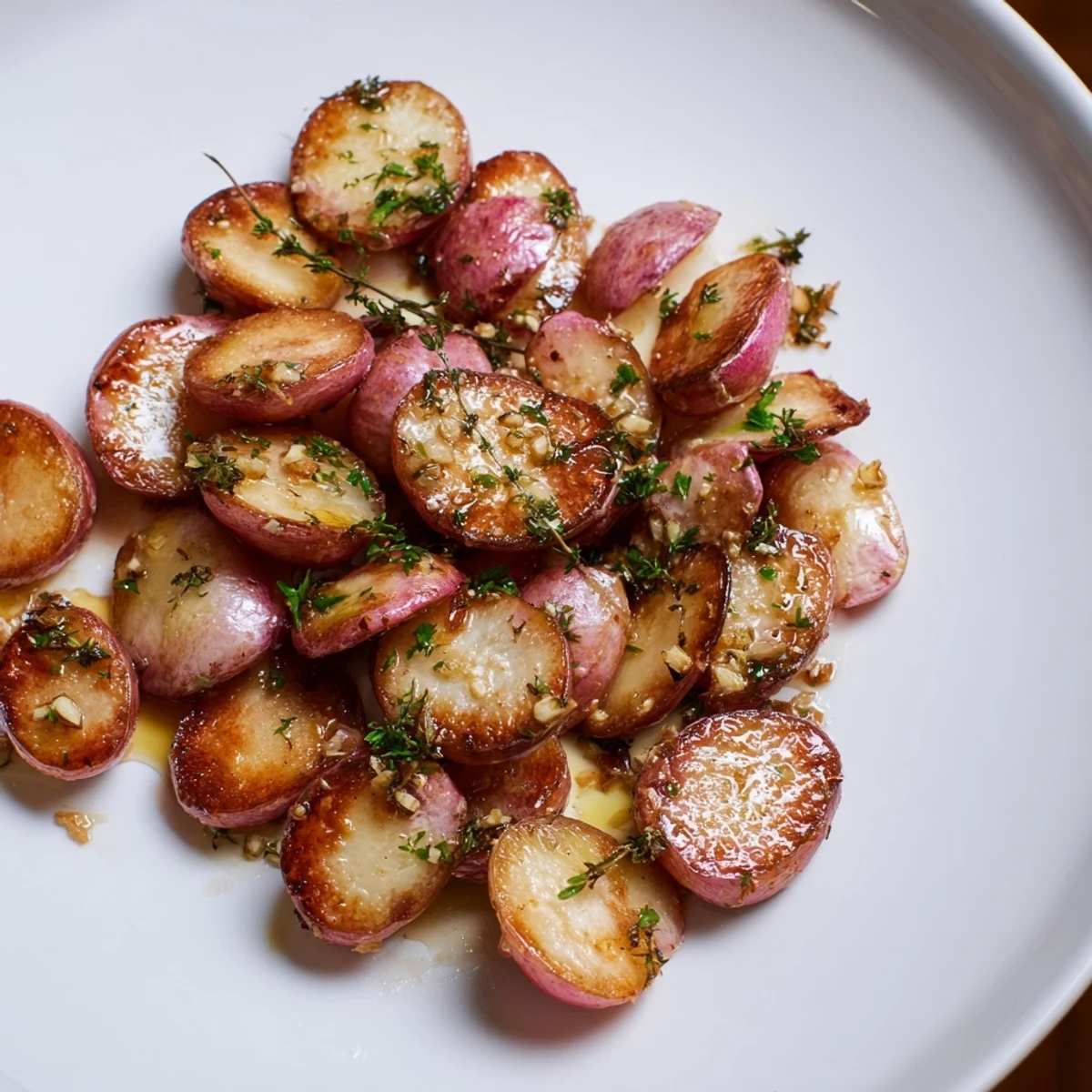 Golden brown garlic roasted radishes arranged on a white serving platter with fresh parsley garnish
