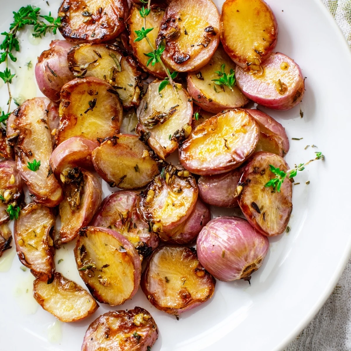 Tender halved radishes roasted with minced garlic and herbs until caramelized and beautifully golden
