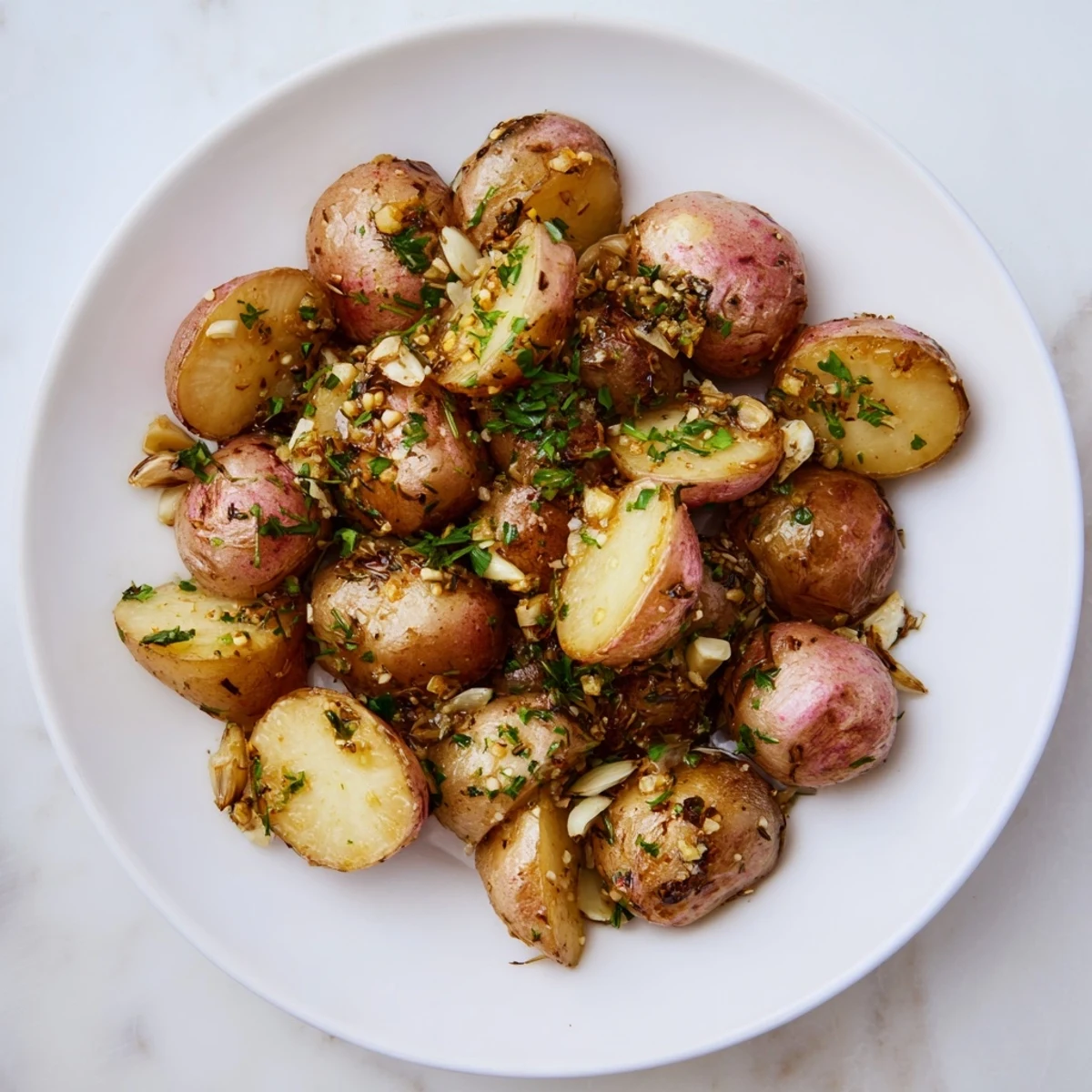 Close-up of garlic roasted radishes fresh from the oven with lightly charred edges and thyme