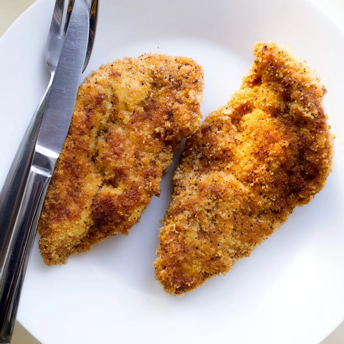Golden fried chicken breast with crispy breadcrumb coating on a white plate