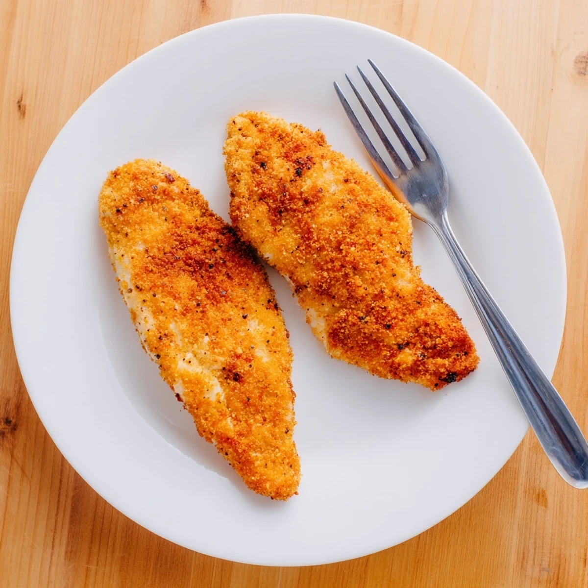 Homemade fried chicken breast served with sides showing thick breading and juicy interior
