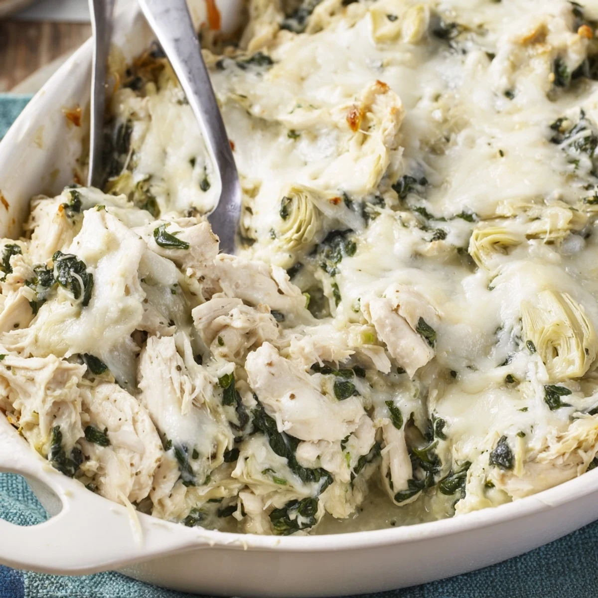 Golden spinach artichoke chicken casserole topped with melted mozzarella and parmesan cheese