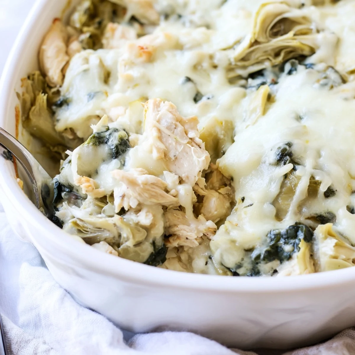 Creamy chicken casserole loaded with fresh spinach and artichokes baked until bubbly