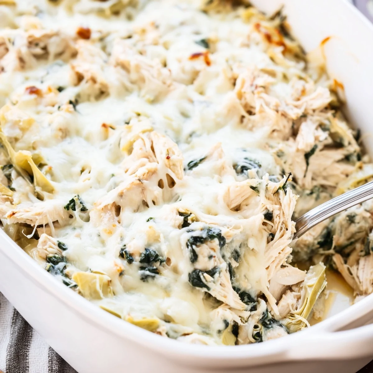 Savory spinach artichoke chicken casserole served hot with golden cheesy crust