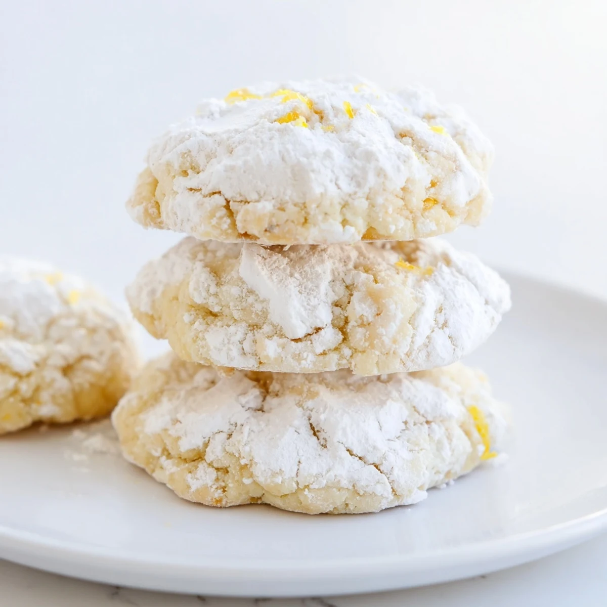 Golden soft chewy lemon cookies dusted with powdered sugar on a white serving plate
