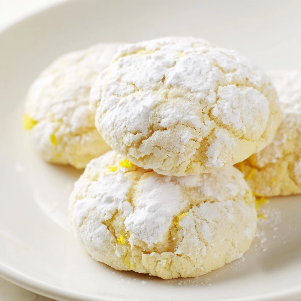 Freshly baked lemon cookies with cracked tops cooling on a wire rack alongside tea