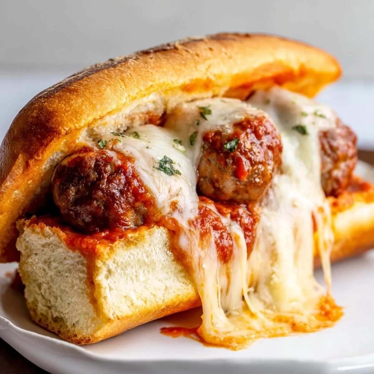Golden toasted sub roll piled high with three cheesy meatball subs dripping rich marinara sauce