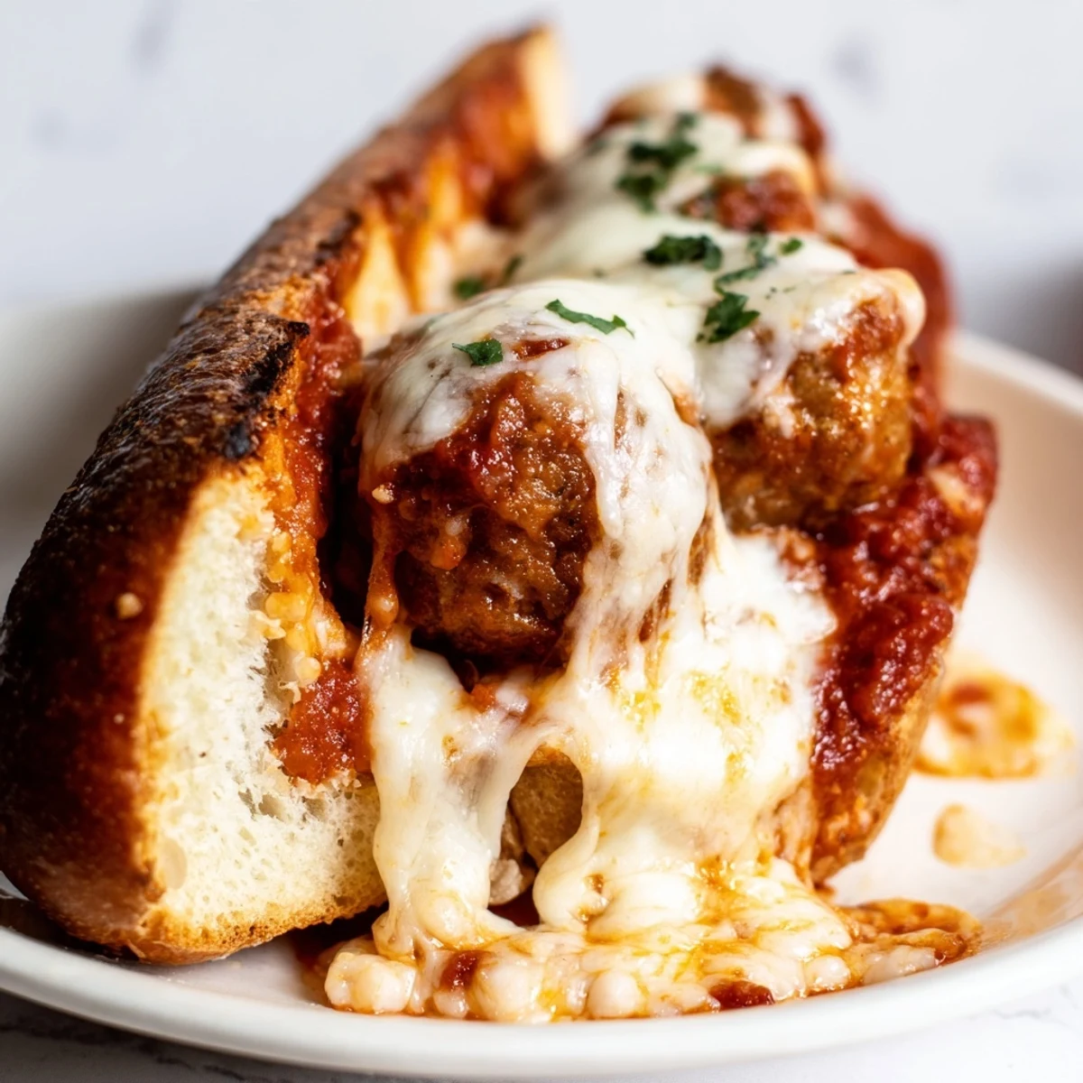 Melted mozzarella blankets tender beef meatballs nestled inside garlic butter brushed sub rolls for a comforting sandwich