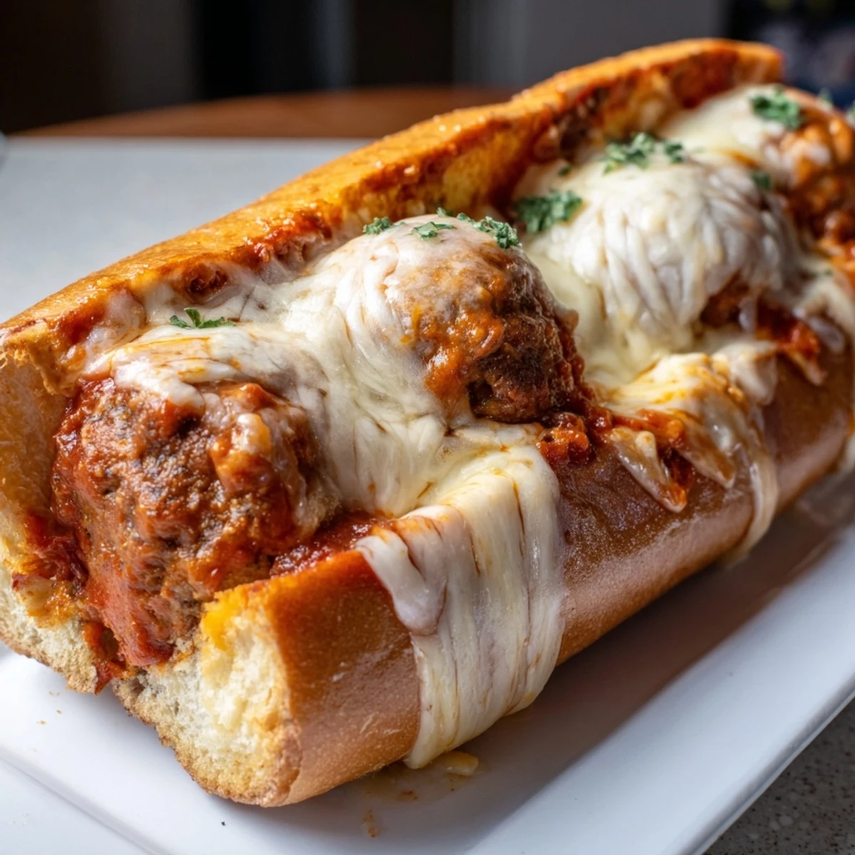 Steaming American-Italian meatball subs loaded with saucy meatballs and bubbly cheese on warm toasted bread