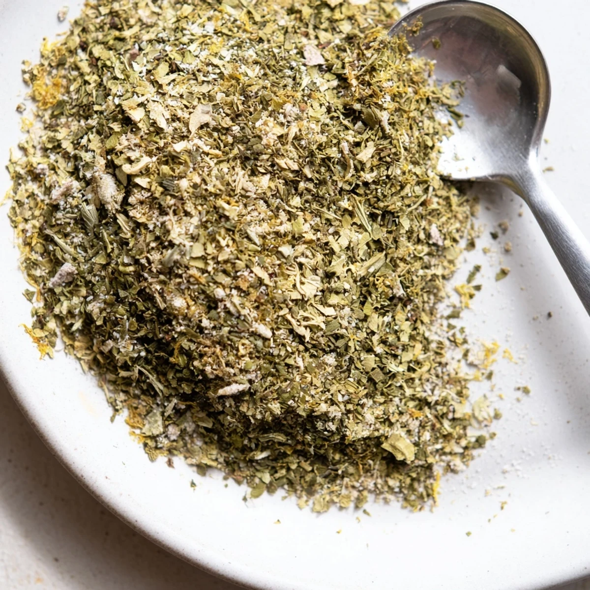 Homemade dehydrated tzatziki seasoning mix in glass jar with dried herbs and spices