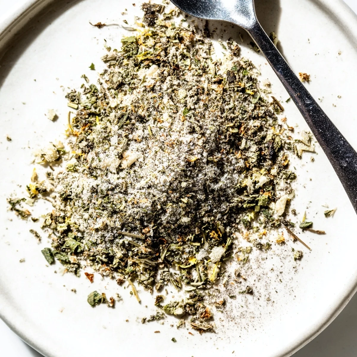 Green dehydrated tzatziki seasoning blend sprinkled over grilled chicken and fresh vegetables