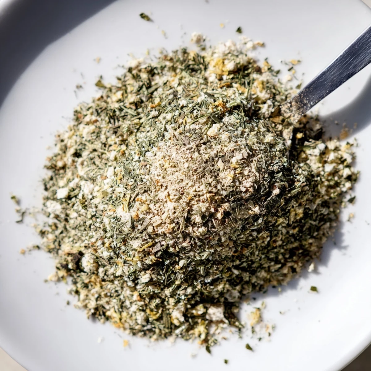 Spoonful of dehydrated tzatziki seasoning mix beside yogurt dip and lemon wedge