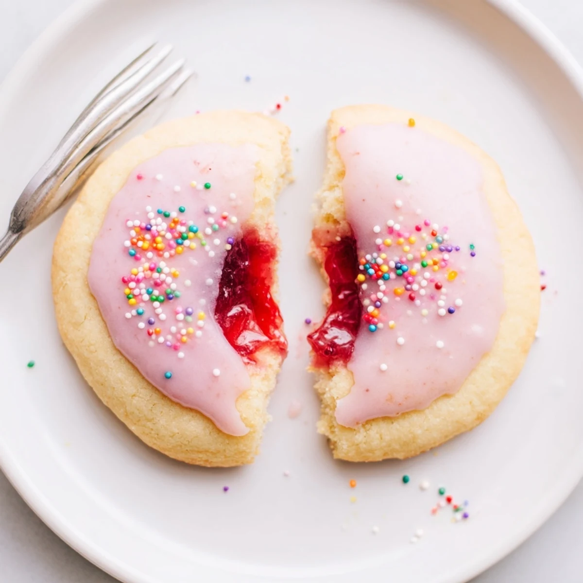 Buttery Strawberry Pop Tart Cookies with jam center, frosted and rainbow-sprinkled