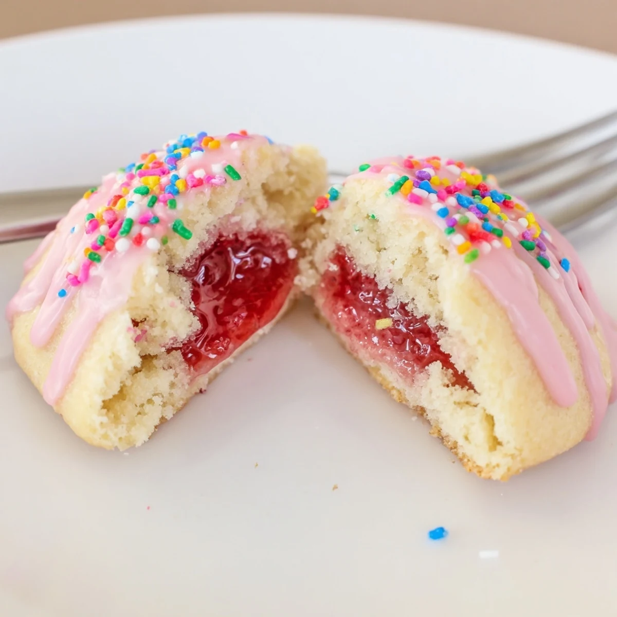 Stacked Strawberry Pop Tart Cookies showing jam oozing, colorful sprinkles for serving
