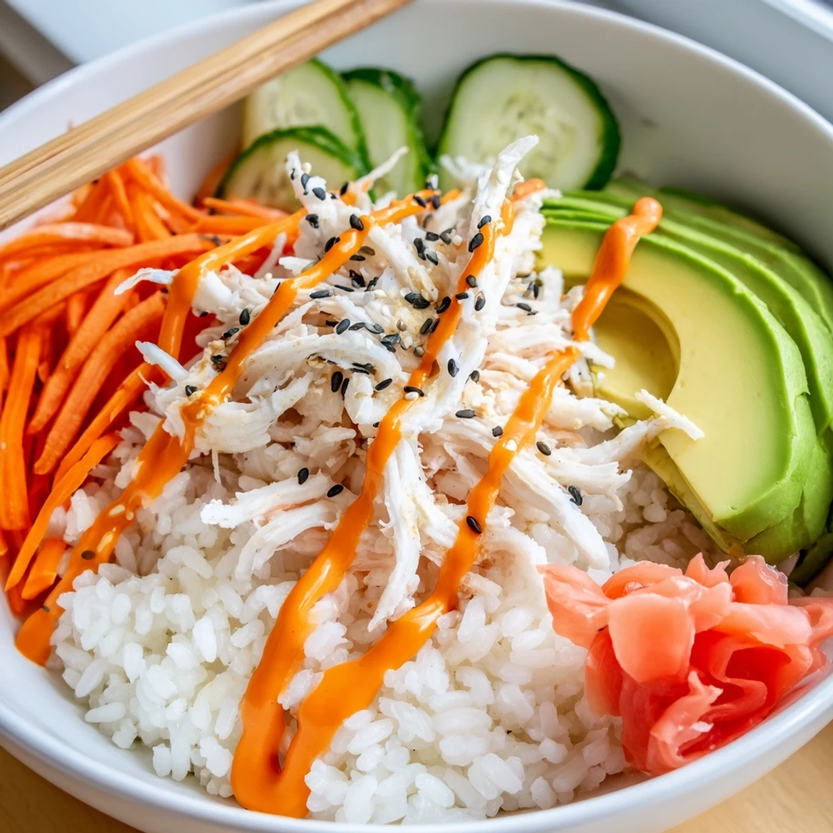 California Roll Sushi Bowls with creamy avocado, shredded crab, and sesame drizzle