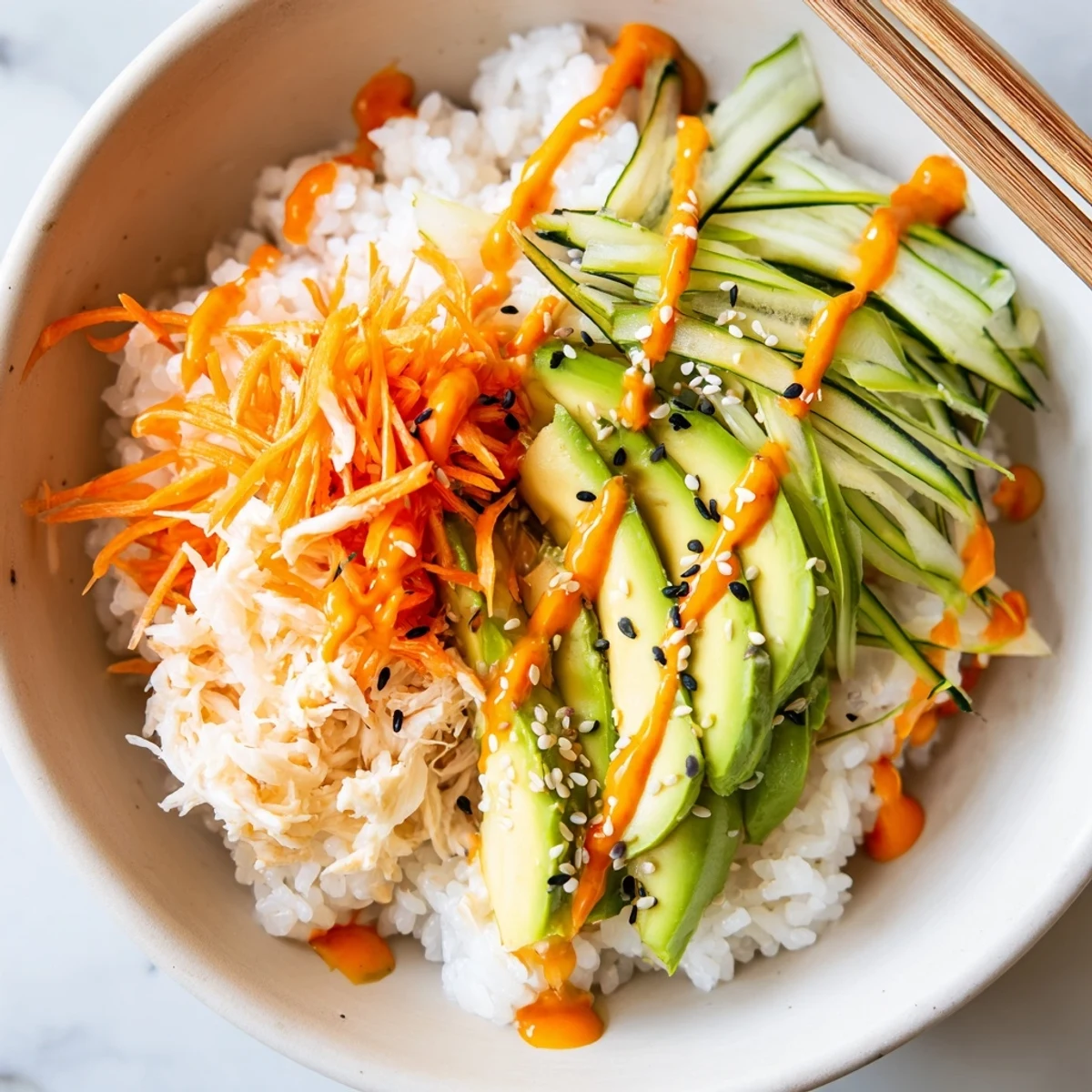 Weeknight California Roll Sushi Bowls served with spicy mayo, nori strips, soy sauce