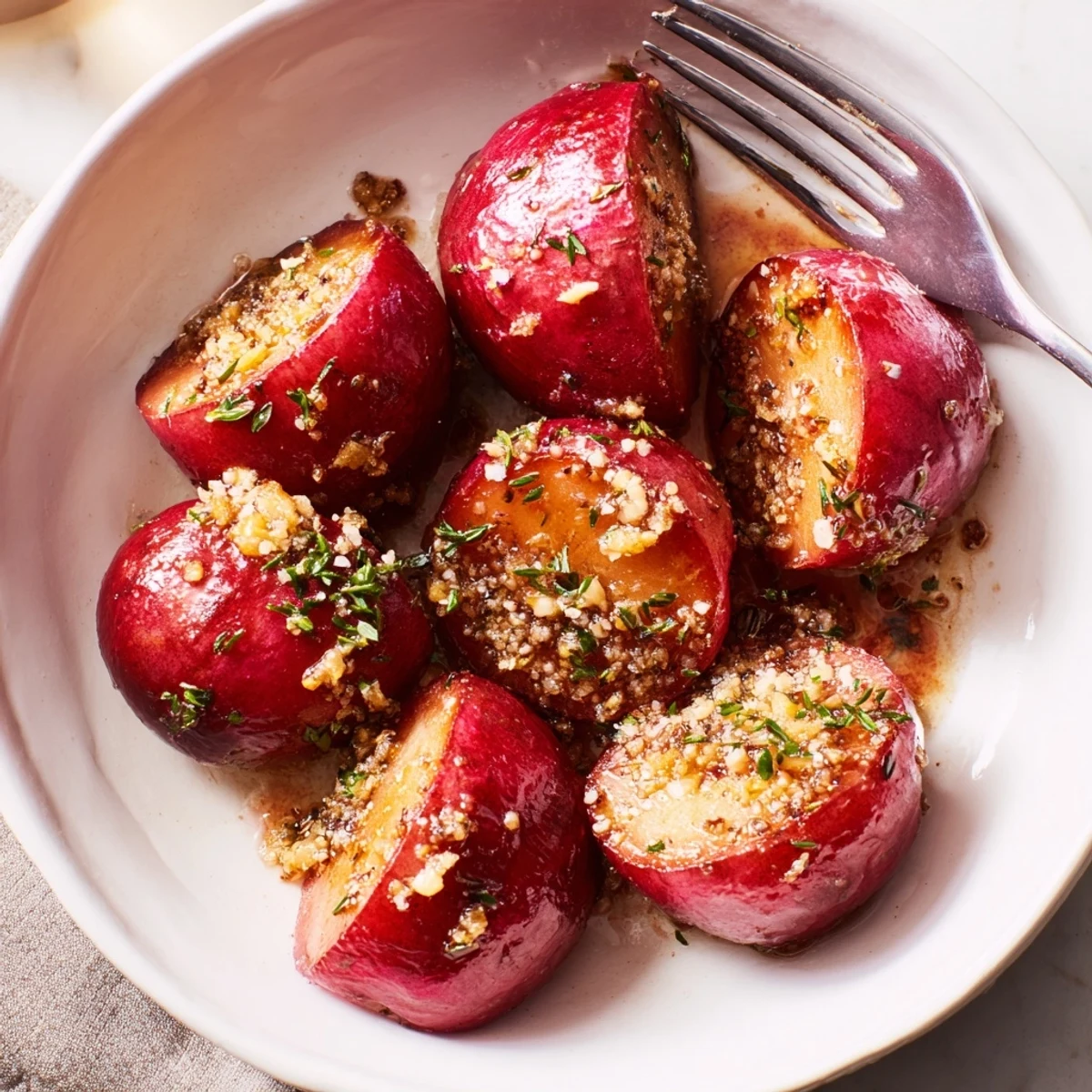 Golden oven warm Garlic Roasted Radishes steaming on a baking sheet sprinkled with parsley