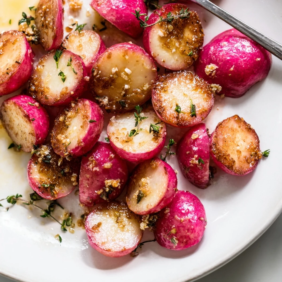 Fork tender Garlic Roasted Radishes tossed in olive oil and fragrant thyme