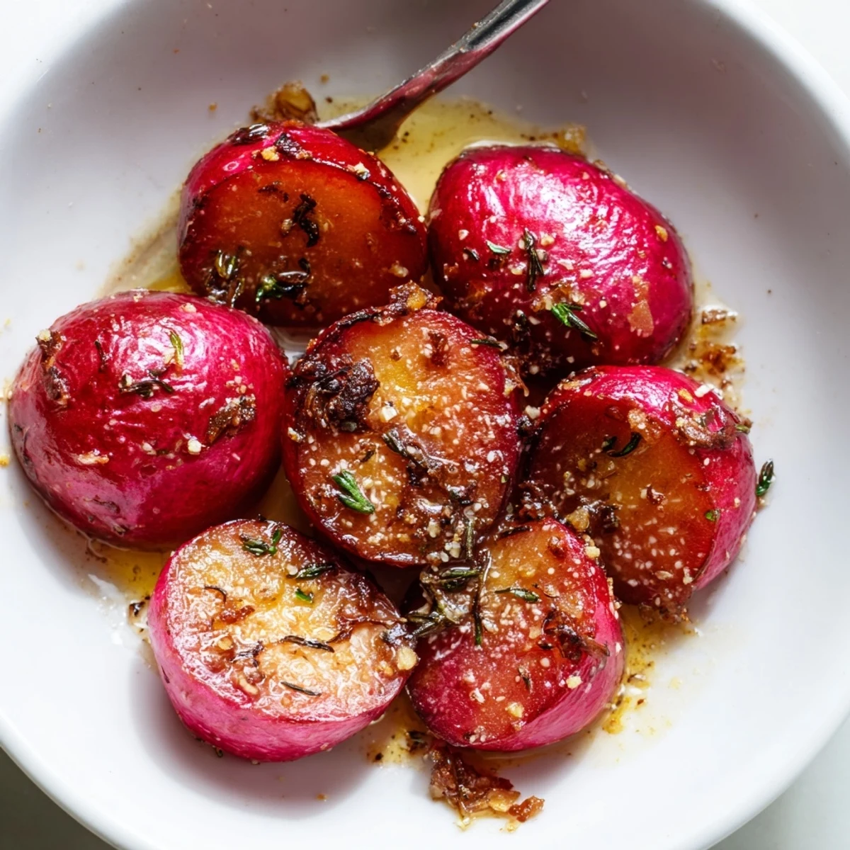 Warm Garlic Roasted Radishes offering mellow sweetness and a crisp tender bite