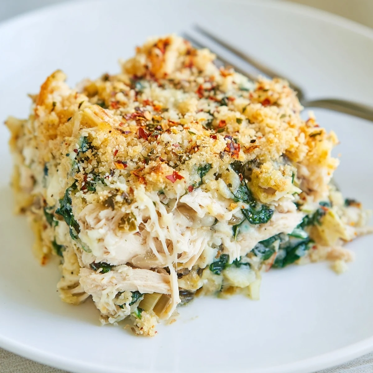 Creamy Spinach Artichoke Chicken Casserole topped with crisp breadcrumbs, steaming scoop