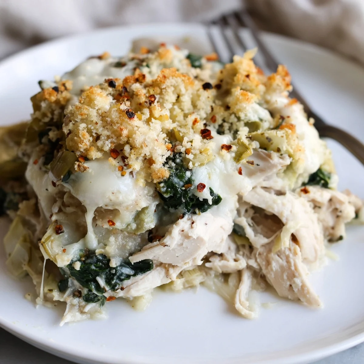 Family-style Spinach Artichoke Chicken Casserole served hot with golden cheese, aromatic herbs