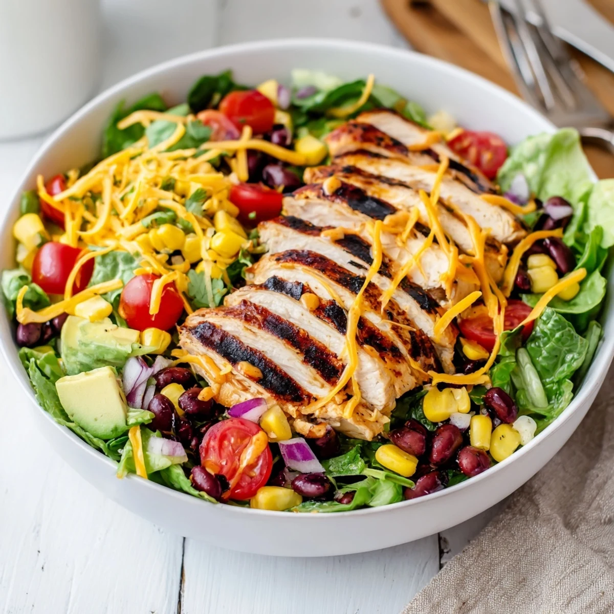 Southwestern Chicken Salad with grilled chicken, roasted corn, avocado, and zesty dressing.