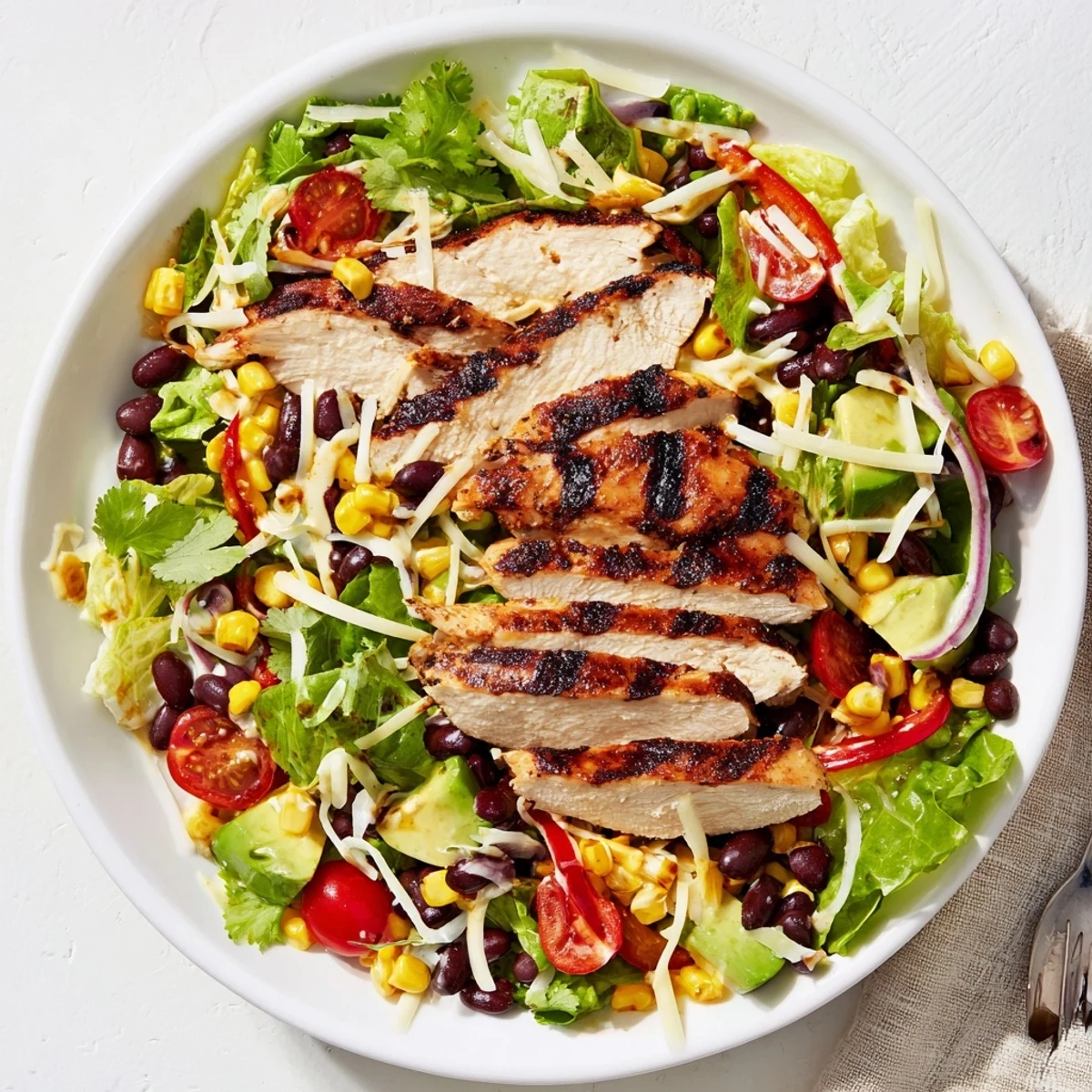 Bright Southwestern Chicken Salad layered over mixed greens with tomatoes and black beans.