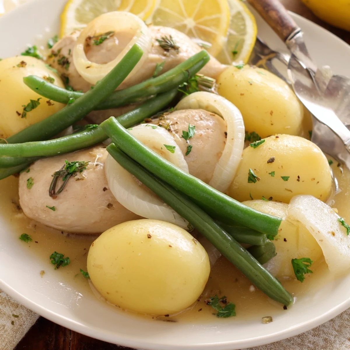 Slow Cooker Chicken And Potatoes With Green Beans, tender breasts and golden potatoes