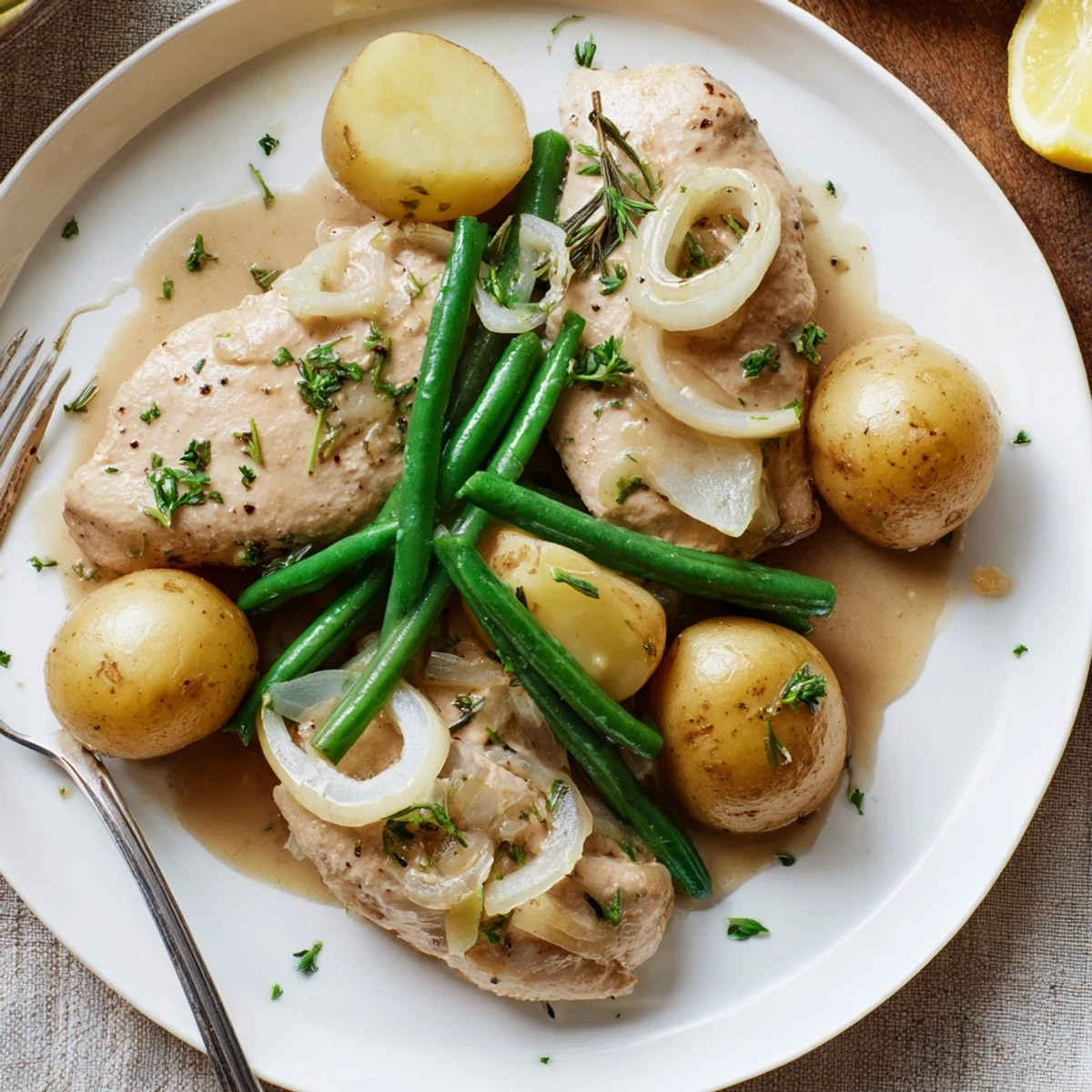 Hearty Slow Cooker Chicken And Potatoes With Green Beans, steaming herb-scented broth