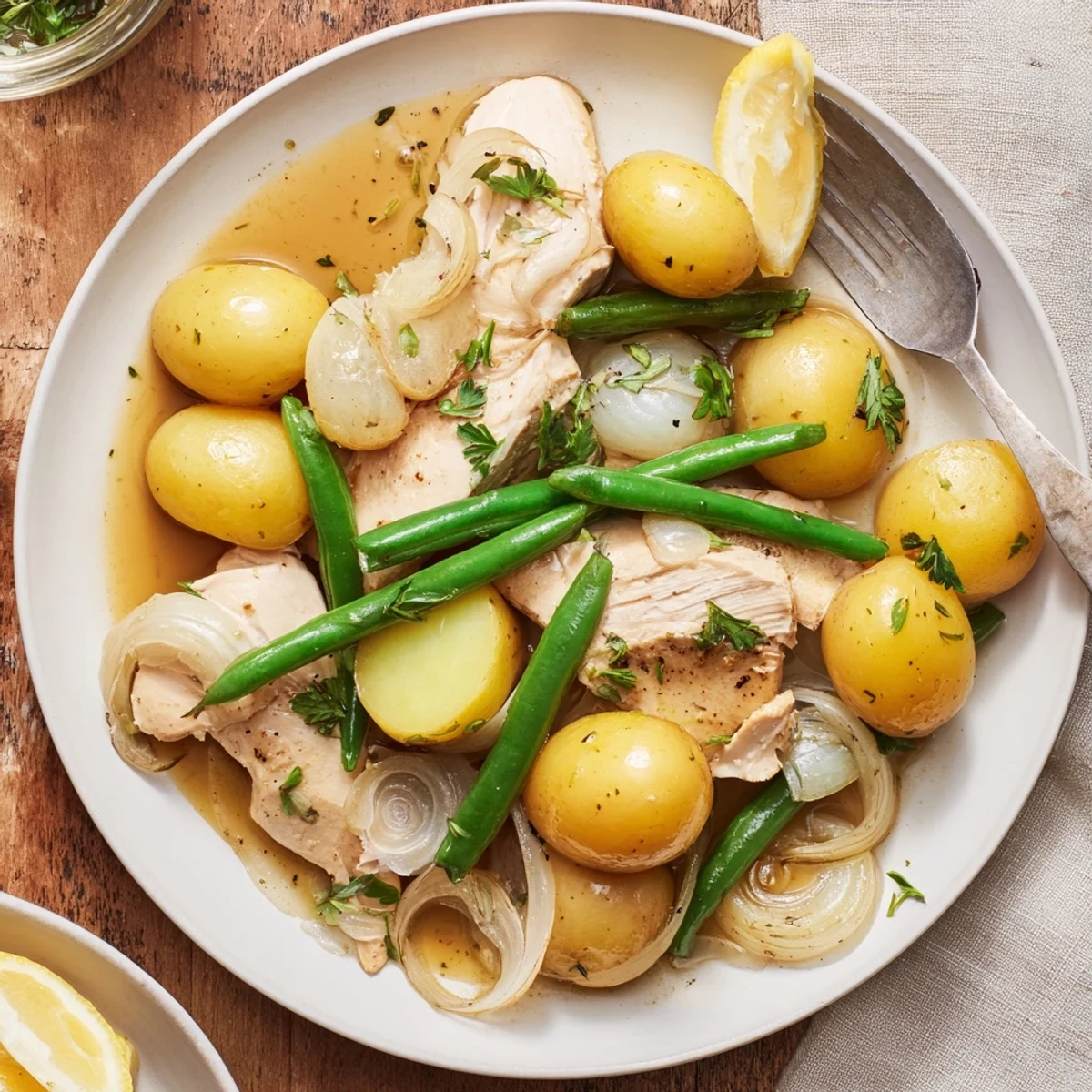 Family-style Slow Cooker Chicken And Potatoes With Green Beans, bright lemon wedges