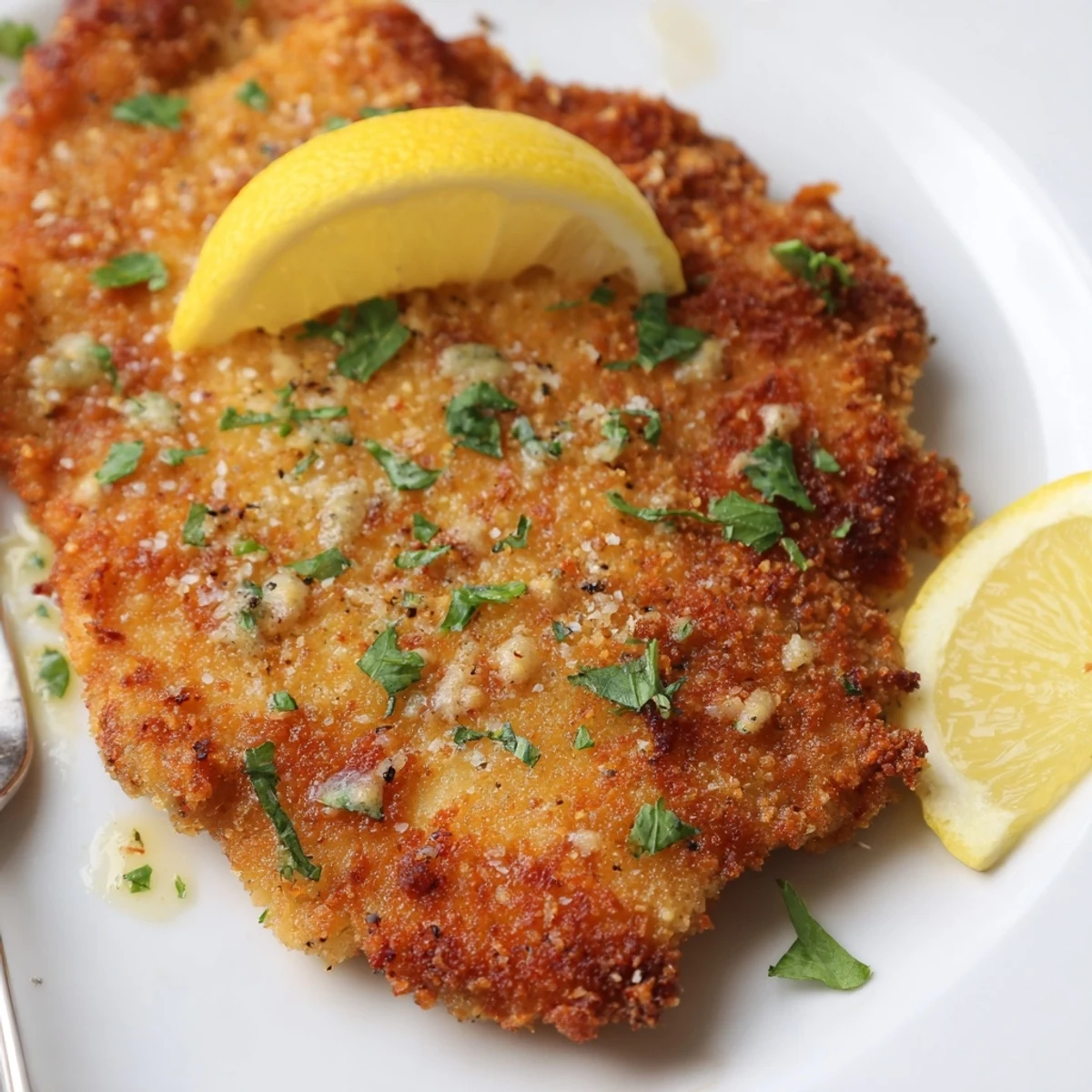 Pan-fried Lemon Chicken Romano plated over angel hair pasta, bright parsley garnish