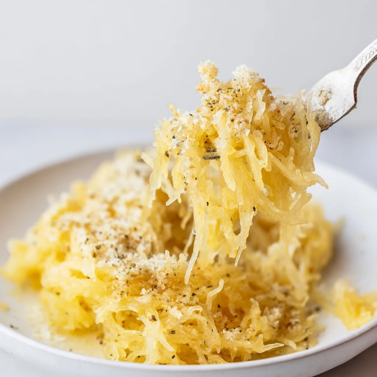 Spaghetti Squash Mac Cheese in creamy sauce, golden breadcrumb topping, steaming  