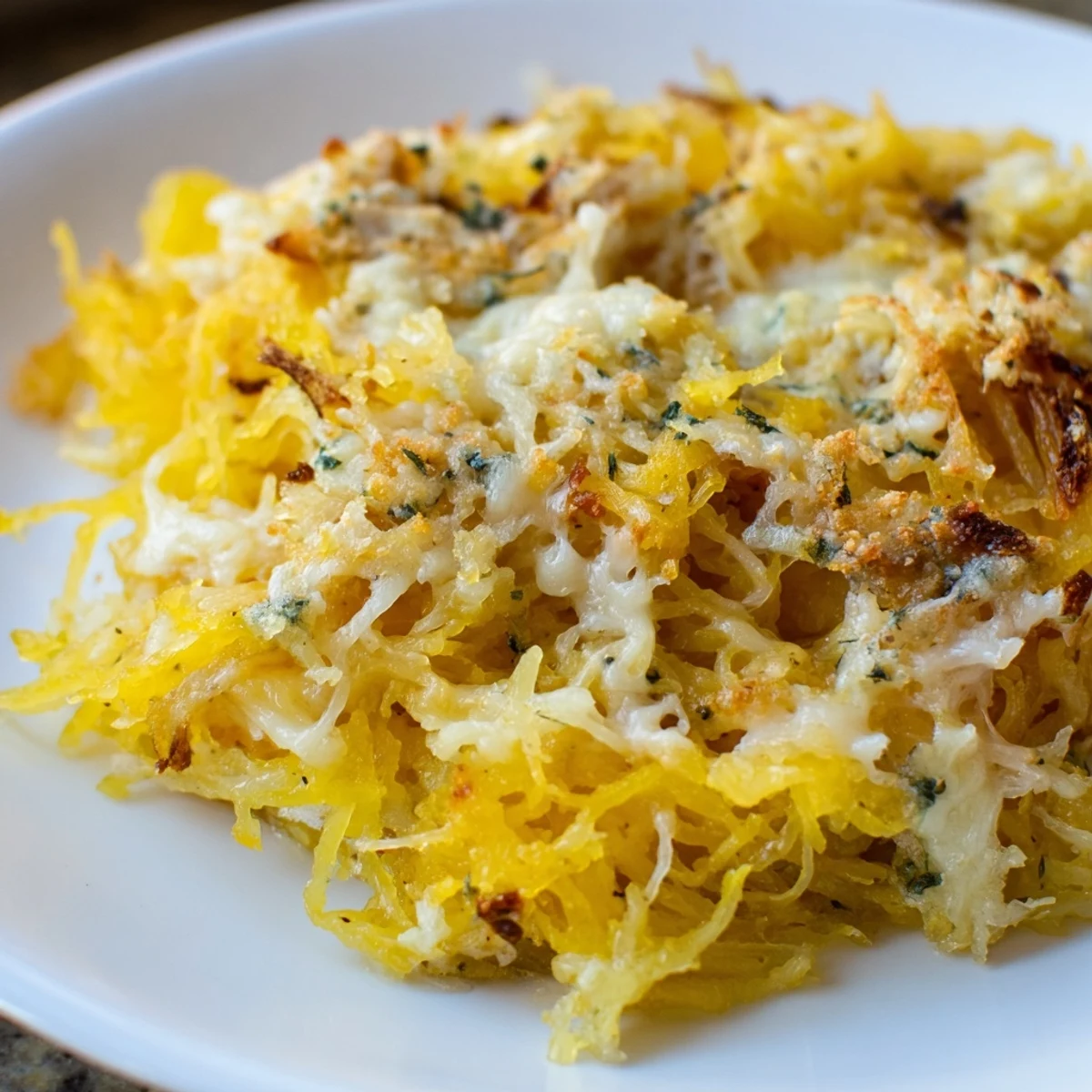 Roasted Spaghetti Squash Mac Cheese tossed with cheddar sauce, herb garnish  